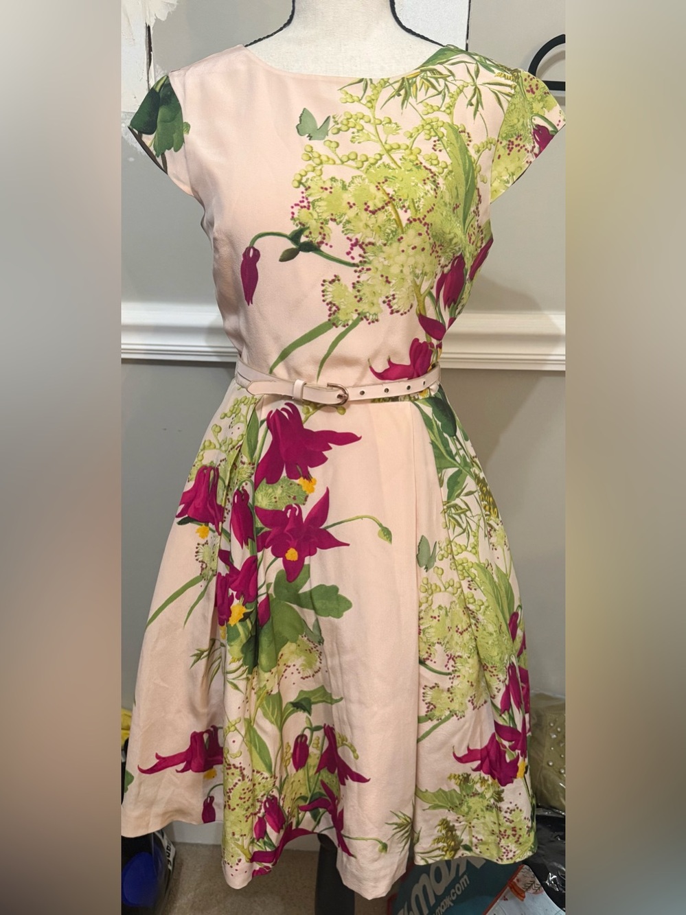 Ted Baker London Pale Pink Midi Dress with Fuchsia & Green Floral Print - Picture 2 of 13